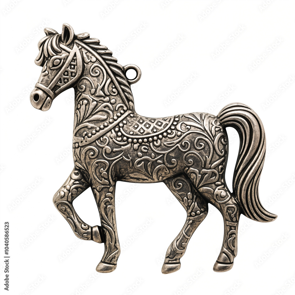 Fototapeta premium Silver metal bracelet chain horse shape charm, handmade fashion jewelry craft object element - isolated on white background.