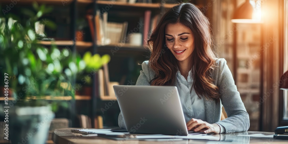 A real estate agent presenting property details on a laptop in a stylish modern office. A real estate agent presenting property details on a laptop in a stylish modern office.