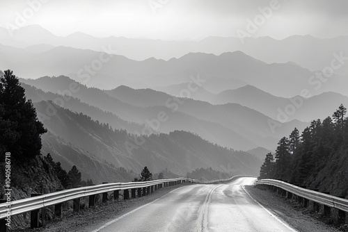a mountain pass road with guard rails catching morning light, layered mountain silhouettes