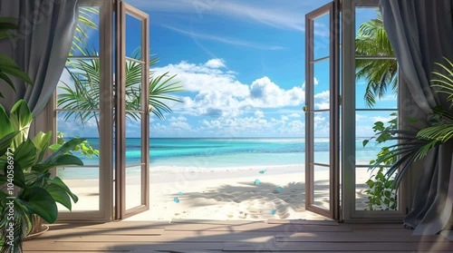 Wallpaper Mural Cozy room with a large window overlooking a beautiful beach on a sunny day  
Seamless looping 4k time-lapse virtual video animation Generated AI Torontodigital.ca