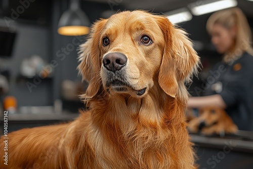 A professional pet groomer delicately brushing a small dog's fur in a well-lit grooming salon. Generative AI