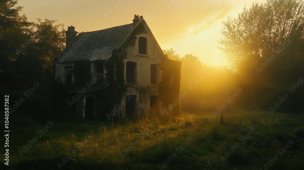 A lambent sunrise casting soft light over an old, abandoned house in a detailed countryside setting. A lambent sunrise casting soft light over an old, abandoned house in a detailed countryside setting.