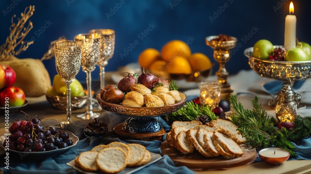 An elegant table spread with assorted fruits, baked goods, and candles during a festive gathering in a warmly lit setting. Hanukkah. An elegant table spread with assorted fruits, baked goods, and candles during a festive gathering in a warmly lit setting. Hanukkah.