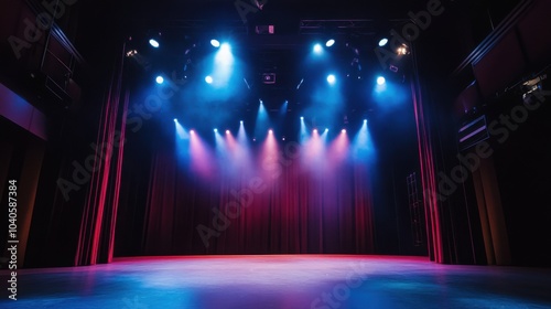 A modern theater stage with dramatic lighting and performers in costume, Performing arts theme, Theatrical style