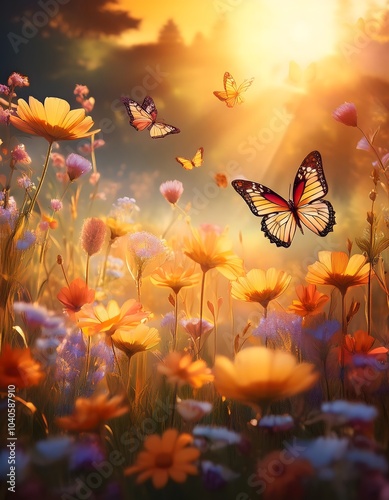 A meadow of wildflowers bathed in golden sunlight with butterflies hovering over the petals