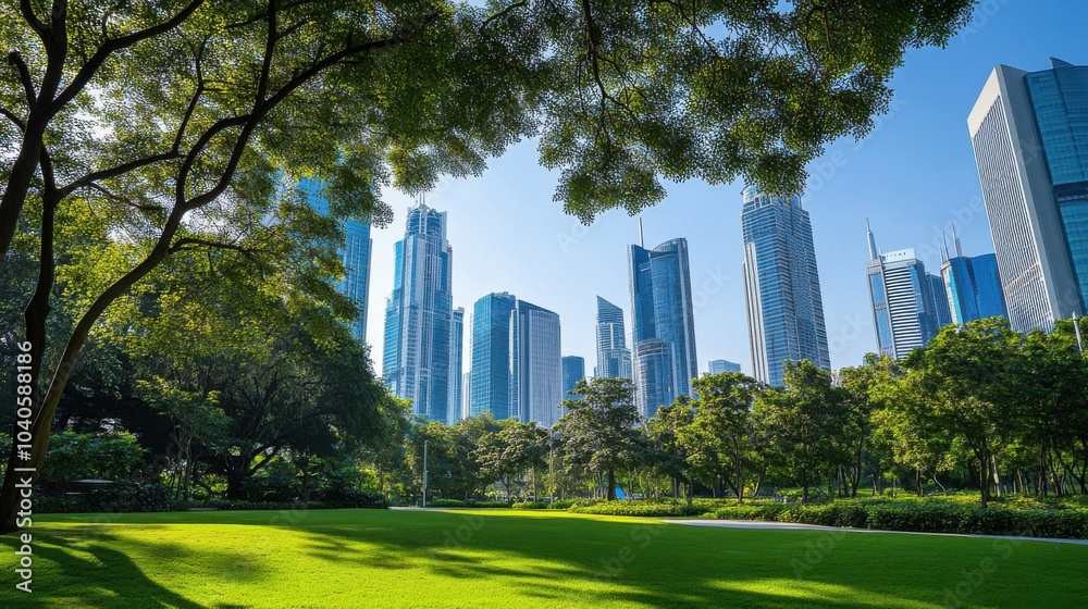 Fototapeta premium A modern urban park with skyscrapers in the background, Urban oasis theme, Green style