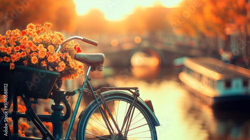 Bicycle parked near flower beds on a background of canals in Amsterdam, cityscape