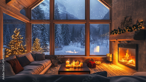 Cozy living toom interior with large windows and a fireplace, winter christmas setting. Luxury interior with beautiful decorated Christmas tree. Merry christmas. photo