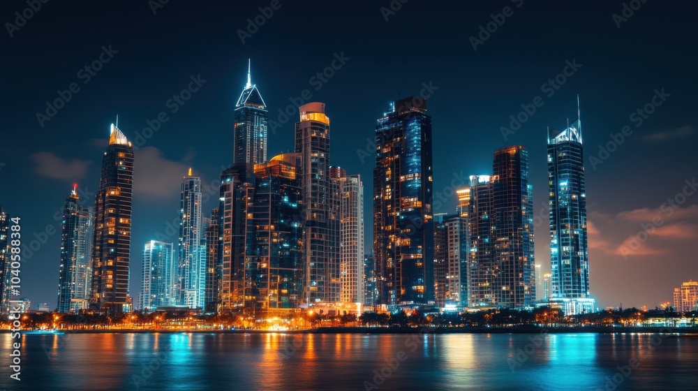 Fototapeta premium A modern urban skyline at night with illuminated skyscrapers, symbolizing the dynamic and cosmopolitan nature of city life, City scene