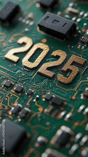 The number 2025 written on a computer circuit board, virtually celebrating new year