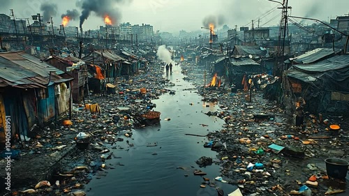 A polluted river flows through an impoverished slum, highlighting the environmental and social challenges.