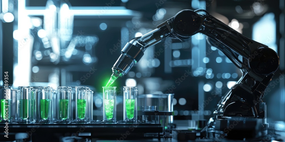 High-tech lab with a robotic arm adding a green reagent to test tubes using a dropper.