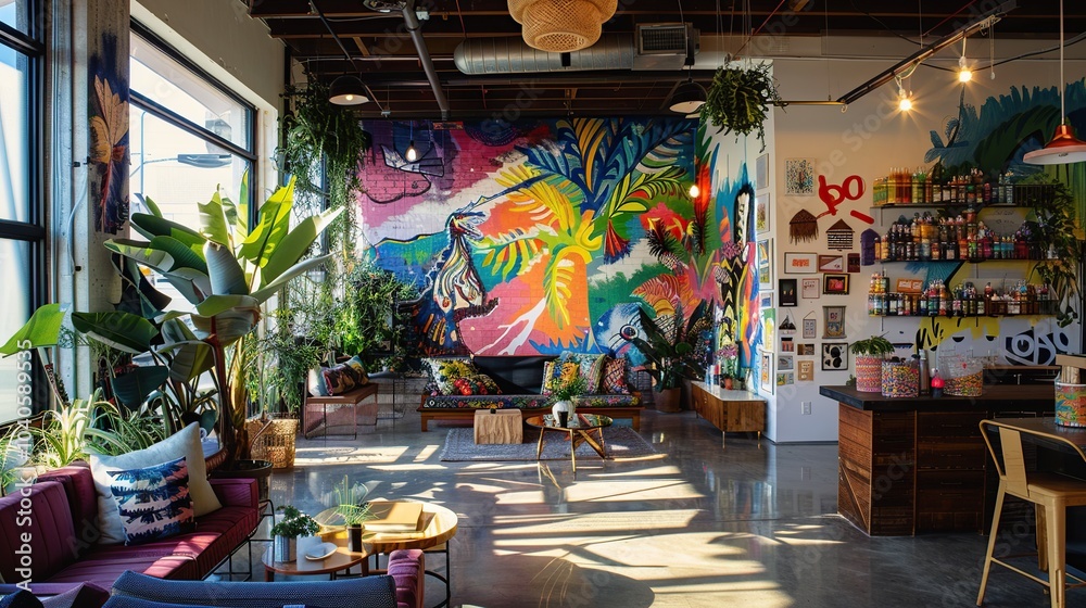 Fototapeta premium A creative studio office with a mix of eclectic furniture, colorful art supplies, vibrant murals, and a relaxed, inspirational atmosphere