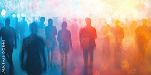 A corporate event with a crowd, depicted with blurry elements and abstract lighting.