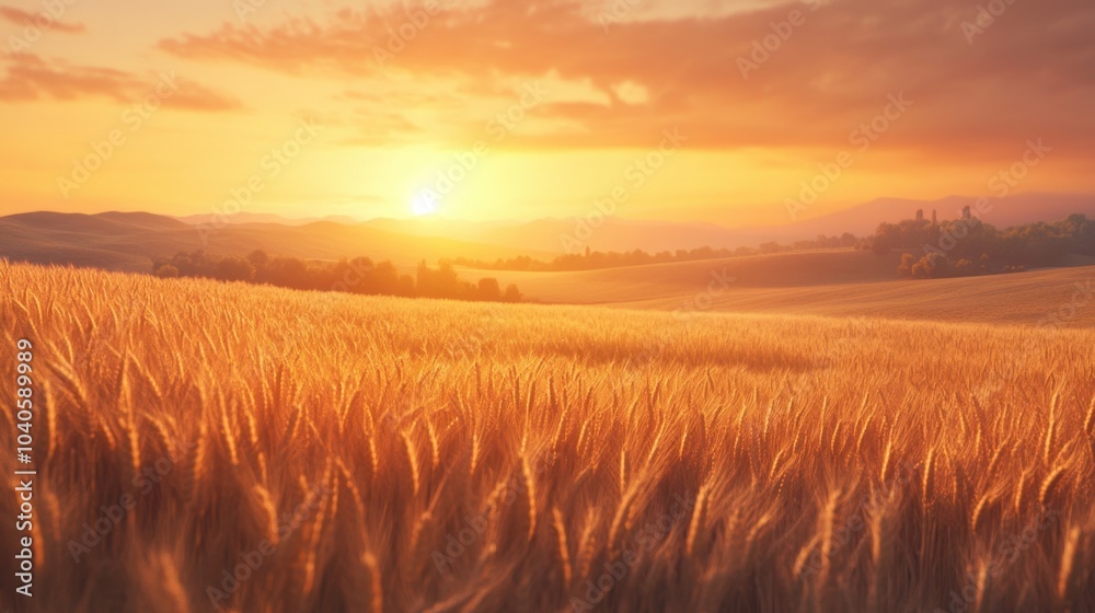 A lambent sunset casting warm, soft light over a field of golden wheat, creating a peaceful and detailed scene.