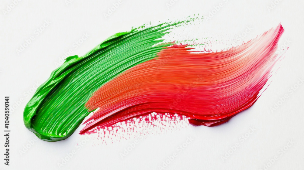 Vibrant paint strokes in green and red on a white surface showcasing artistic expression and creativity during a painting session Vibrant paint strokes in green and red on a white surface showcasing artistic expression and creativity during a painting session