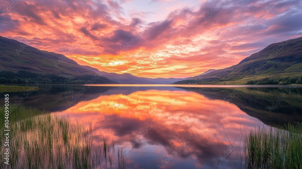 Fototapeta premium A lambent sunset reflected on a still lake, with vibrant oranges and pinks softly blending into the sky.
