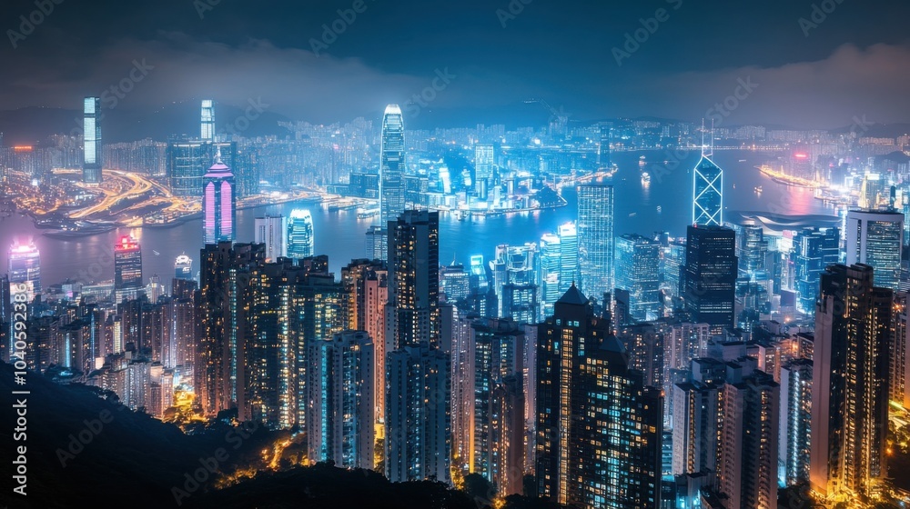Fototapeta premium A panoramic view of a bustling city skyline at night, Urban nightlife theme, Dynamic style