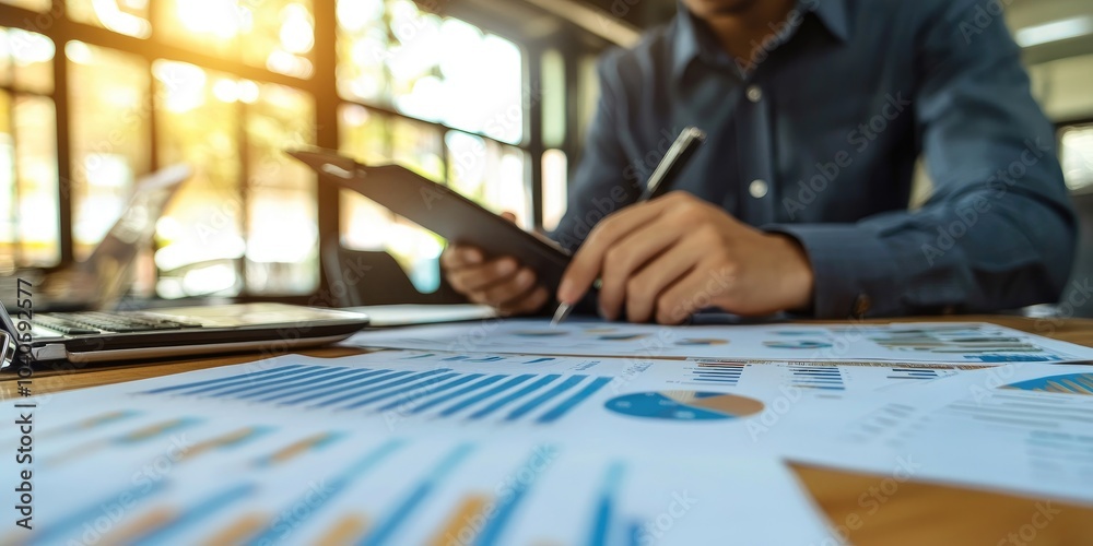 A business professional analyzing market trends, with charts and documents on the desk in a modern office. A business professional analyzing market trends, with charts and documents on the desk in a modern office.