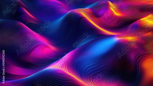 Dynamic geometric shapes with metallic finishes and gra Flowing wave-like patterns with sharp neon accents and gradient fills