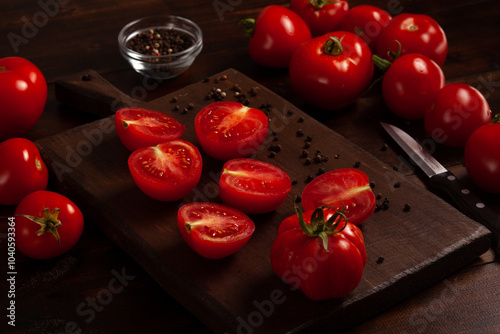 Top view of fresh red ripe sliced tomatoes on a dark wooden background. Halves of tomatoes on the table. The concept of proper healthy nutrition. Copy space  photo