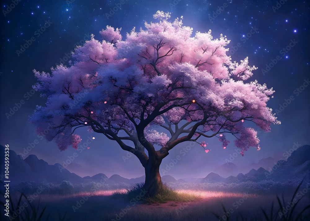 Majestic Pink Blossom Tree Under Starry Night Sky Serenity Beauty Majestic Pink Blossom Tree Under Starry Night Sky Serenity Beauty