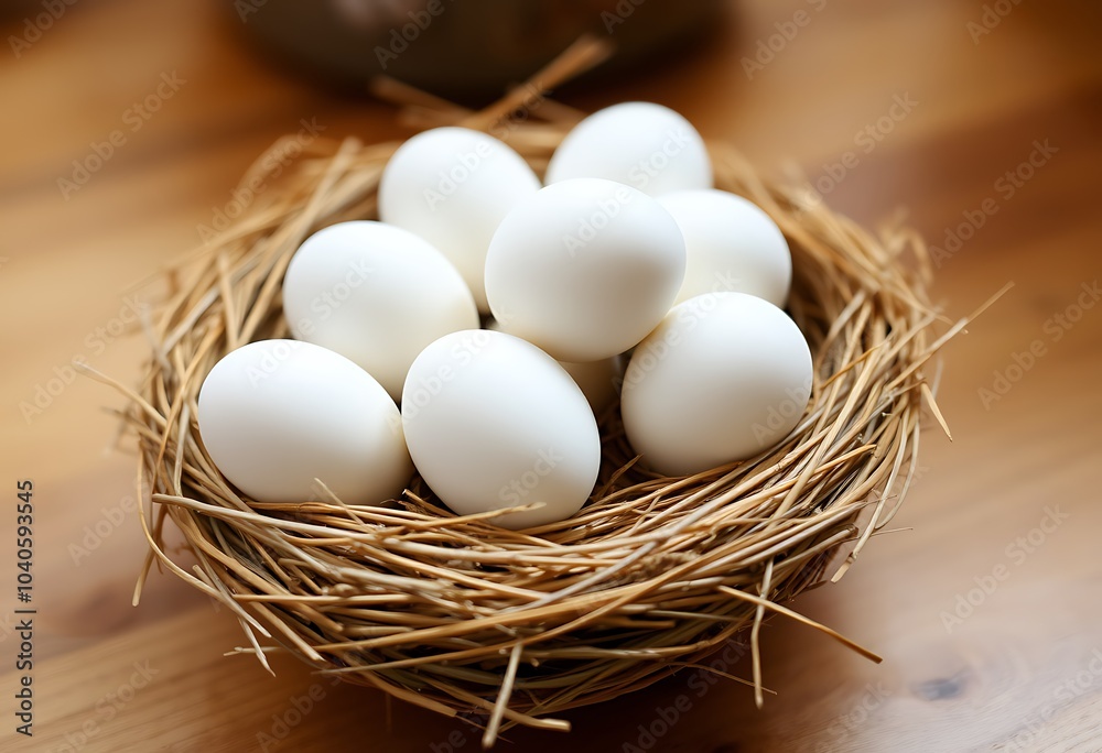 White chicken eggs arranged in a nest of straw grass White chicken eggs arranged in a nest of straw grass