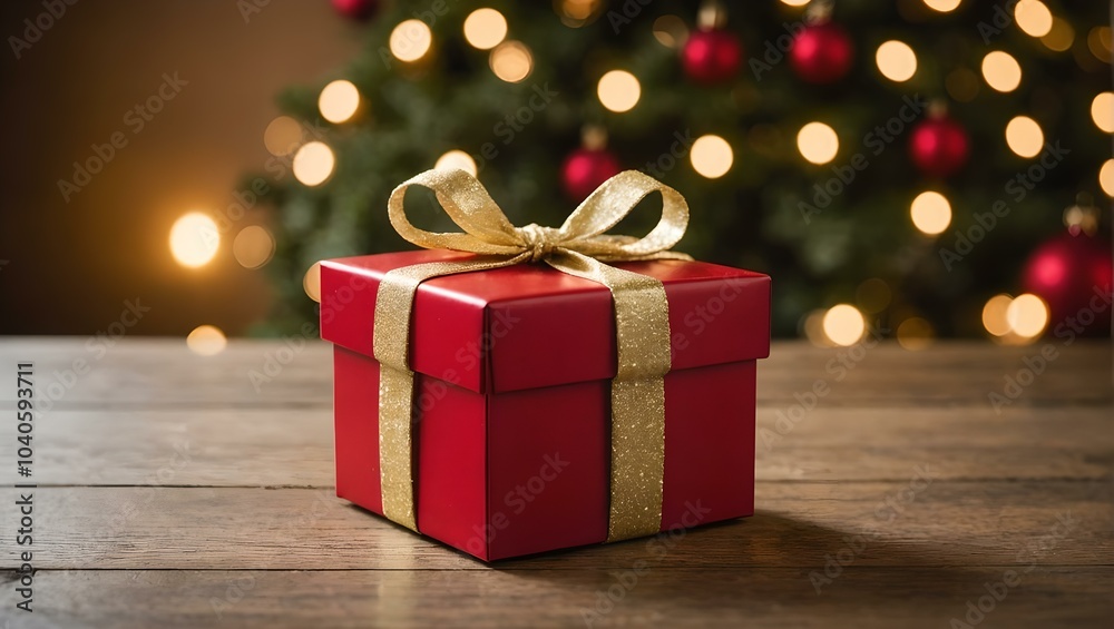 red and gold christmas gift box near a tree red and gold christmas gift box near a tree