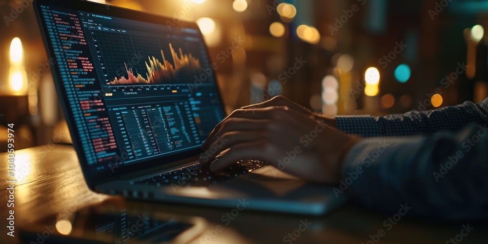 A business professional researching market trends on a laptop, analyzing graphs and statistics with insightful industry focus. A business professional researching market trends on a laptop, analyzing graphs and statistics with insightful industry focus.