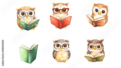 Watercolor Owls in Glasses Reading on Transparent Background Generative AI photo