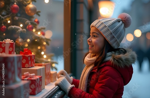 Christmas shop window with gifts. Illustration of winter city. Girl in front of the shop window. Banner for Christmas and New Year.