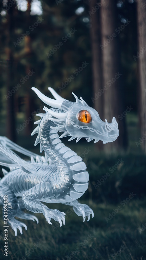 Fototapeta premium Silver dragon sculpture with detailed scales and sharp teeth, set against blurred human figures.