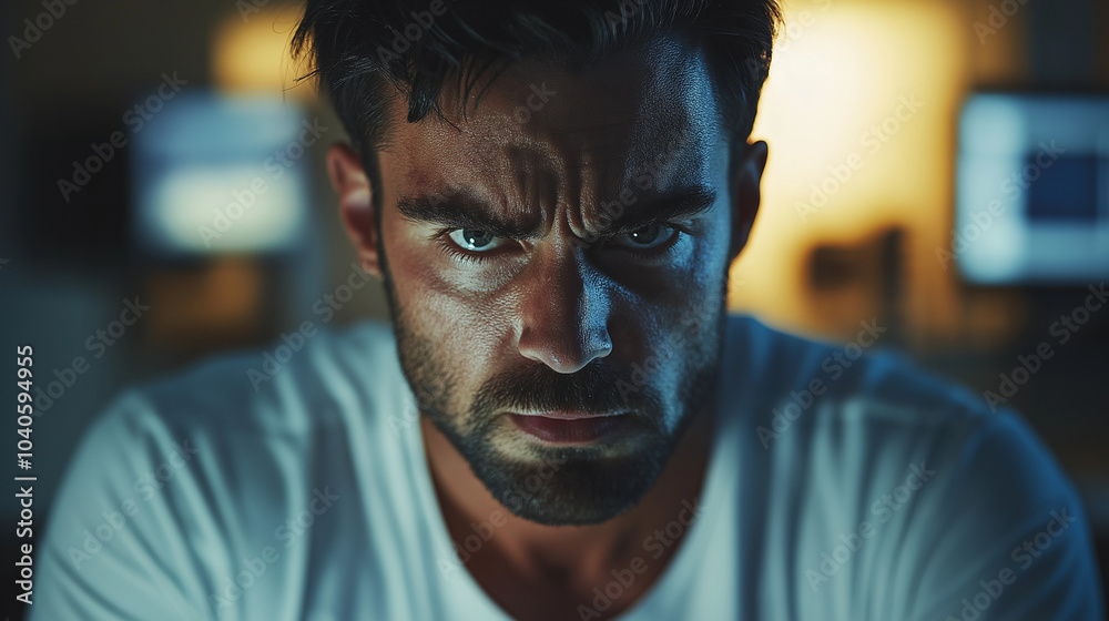 close-up of a man with a serious, angry expression close-up of a man with a serious, angry expression