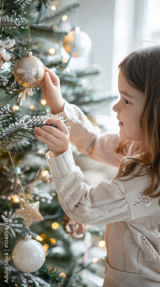 Young Caucasian girl hanging a golden bauble on a Christmas tree at home. Concept of holiday decorations, family traditions, festive joy. Vertical Young Caucasian girl hanging a golden bauble on a Christmas tree at home. Concept of holiday decorations, family traditions, festive joy. Vertical