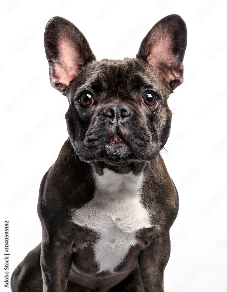 French Bulldog sitting with ears perked up on a clean white background, looking curiously ahead French Bulldog sitting with ears perked up on a clean white background, looking curiously ahead