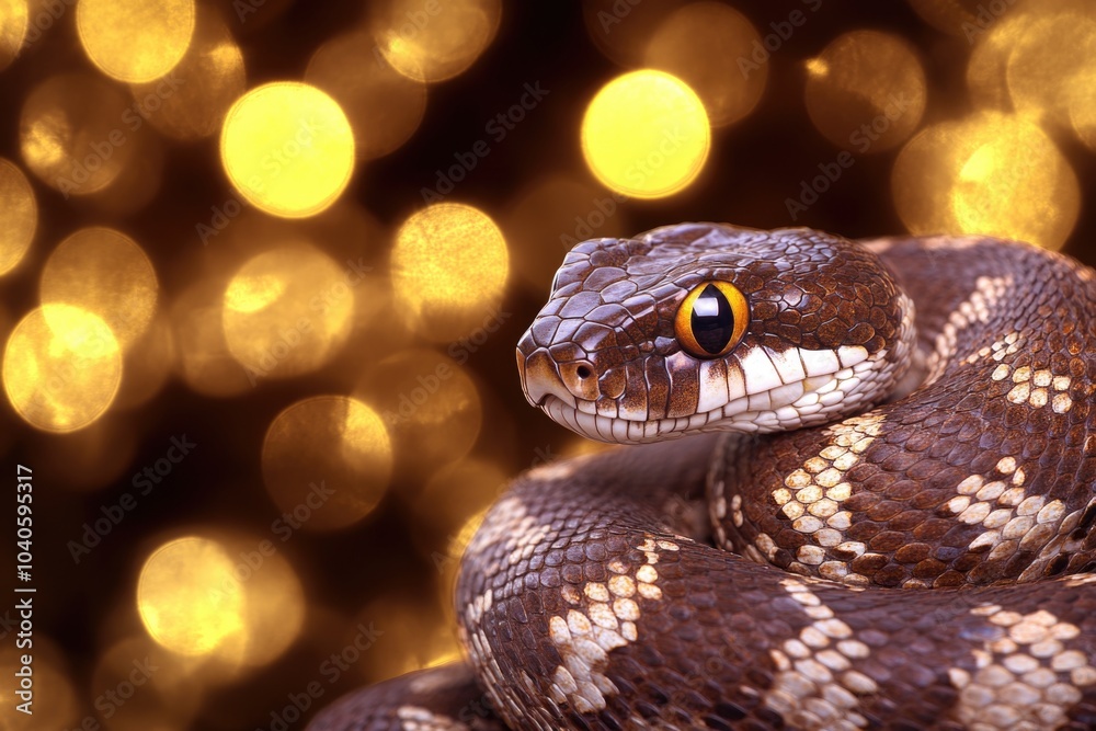Fototapeta premium Captivating close-up of a coiled snake with bokeh effect