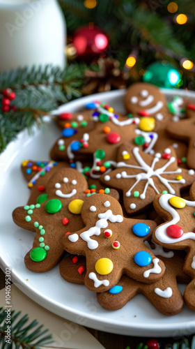 Delicious homemade gingerbread cookies decorated with colorful candies on a festive table. Concept of holiday baking, Christmas treats, festive decorations. Vertical