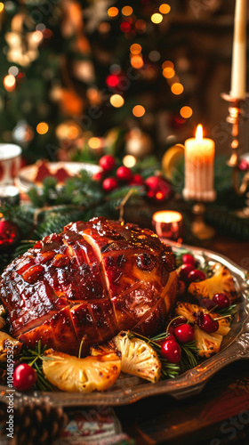 Delicious Glazed Christmas Ham Served with Pineapple and Citrus Slices on a Festive Table. Concept of Holiday Feast, Gourmet Celebration, Traditional Christmas Cuisine. Vertical photo