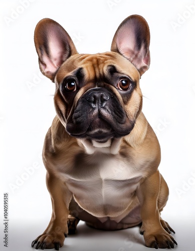 French Bulldog sitting with ears perked up on a clean white background, looking curiously ahead