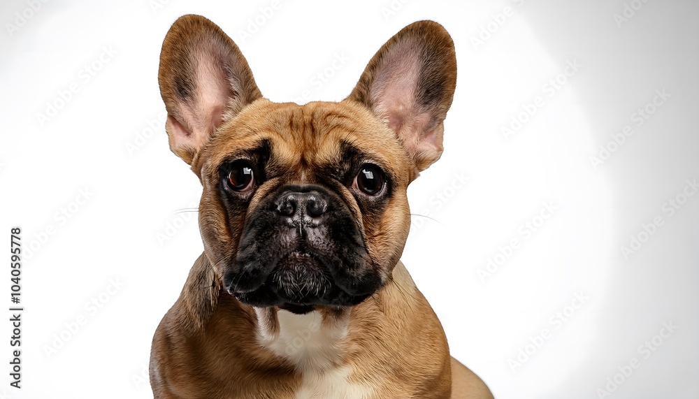 French Bulldog sitting with ears perked up on a clean white background, looking curiously ahead French Bulldog sitting with ears perked up on a clean white background, looking curiously ahead
