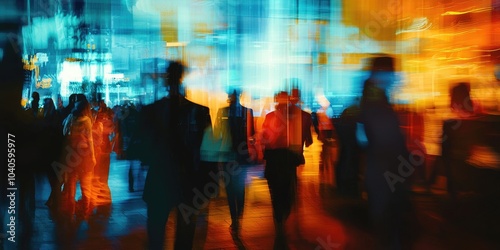 Blurred figures at a corporate event  with abstract background elements and soft  ambient lighting.