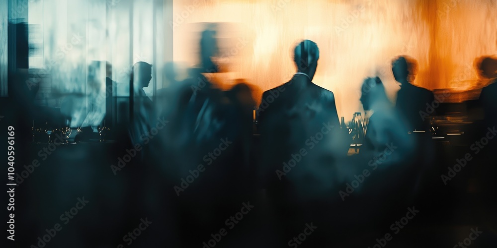 Blurred figures at a press conference, depicted with soft, ambient lighting and abstract details in the background. Blurred figures at a press conference, depicted with soft, ambient lighting and abstract details in the background.