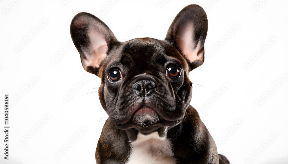 French Bulldog sitting with ears perked up on a clean white background, looking curiously ahead French Bulldog sitting with ears perked up on a clean white background, looking curiously ahead