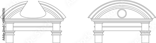 Ancient pediments. Greek or roman architecture temple facade with ancient pillars. Antique architectural. Vintage architecture of Greek culture. Simple linear vector illustration collection isolated