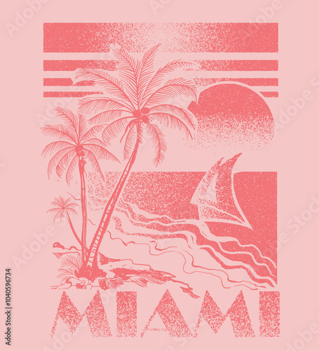 girls vector graphic. spring summer t-shirt. Vintage sunset tropical beach. grunge texture print effects. sunset or sunshine tropical beach. hand drawn palm tree. summer graphic. palm beach.