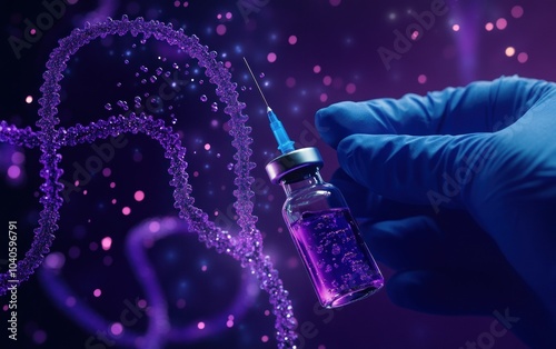 Gloved Hand Holding a Vial of Purple Liquid with a DNA Strand in the Background photo