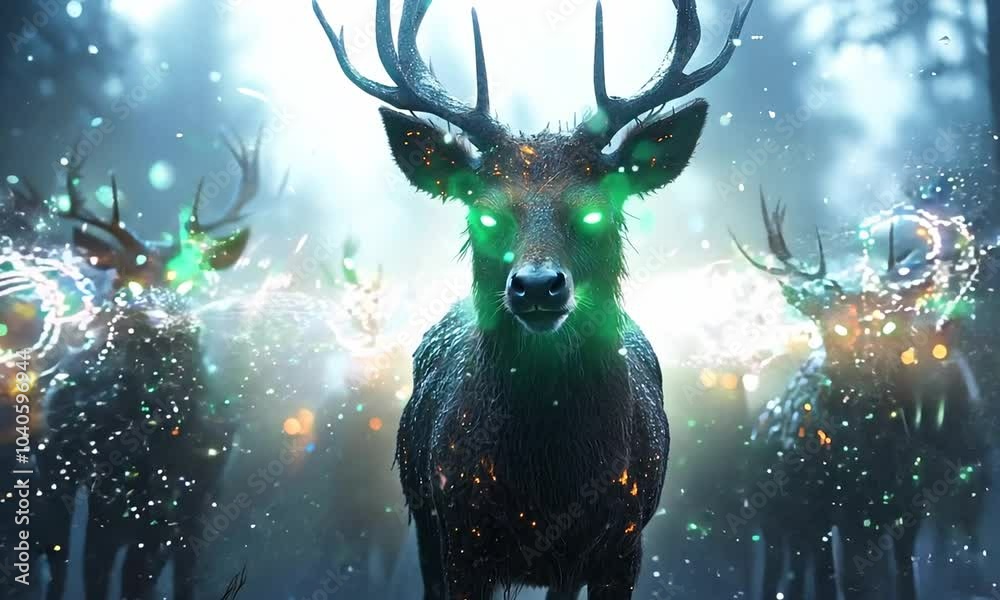 A mystical scene featuring glowing-eyed deer in a foggy forest. A mystical scene featuring glowing-eyed deer in a foggy forest.