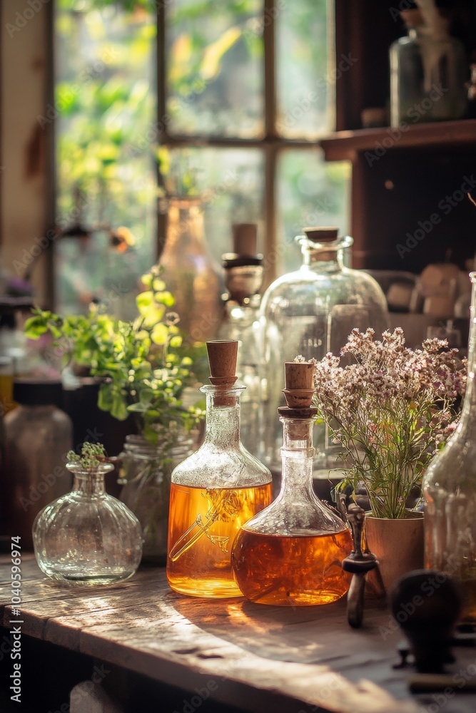 Bottles of herbal potions and fresh plants arranged on a wooden table in a sunny apothecary workshop during the afternoon Bottles of herbal potions and fresh plants arranged on a wooden table in a sunny apothecary workshop during the afternoon