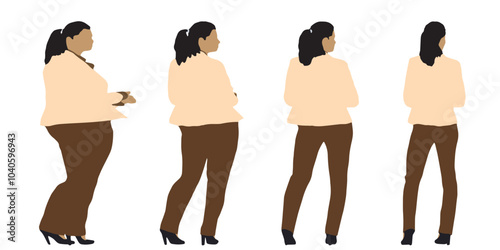 Conceptual fat overweight obese female vs slim fit healthy body after weight loss or diet on white background banner. A  fitness, nutrition or obesity, health shape illustration vector as silhouettes