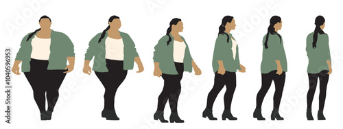 Conceptual fat overweight obese female vs slim fit healthy body after weight loss or diet on white background banner. A  fitness, nutrition or obesity, health shape illustration vector as silhouettes